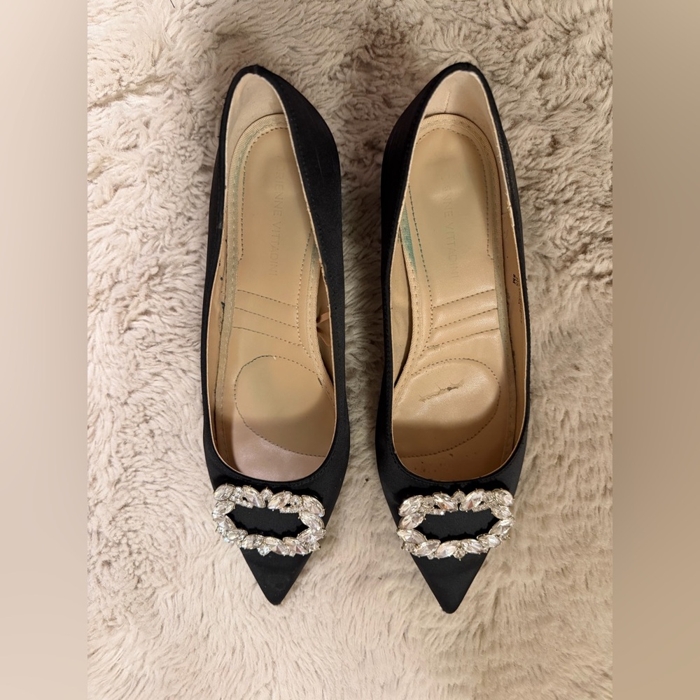 Adrienne Vittadini Black Satin Crystal Buckle Heels Size 8